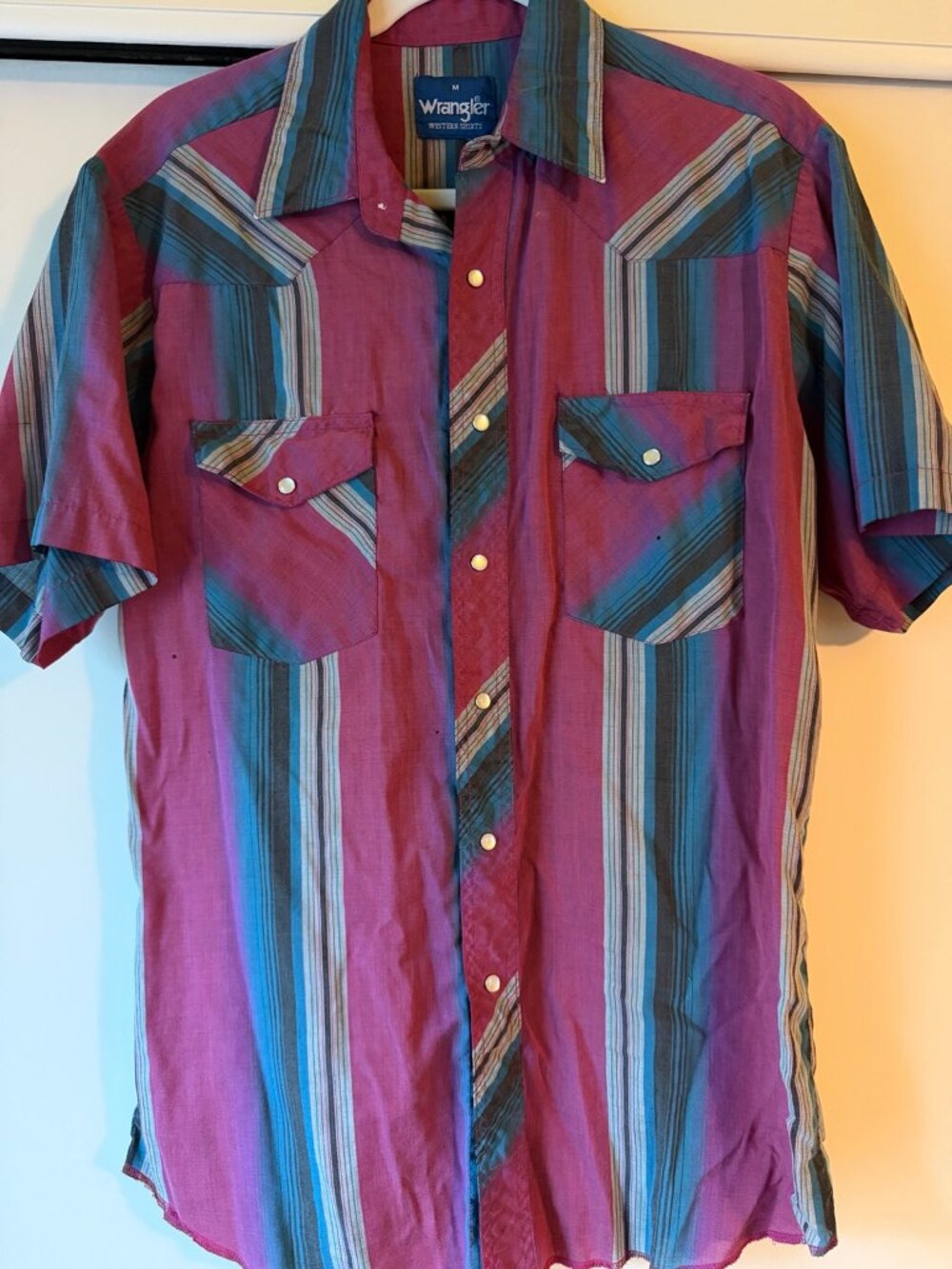 Vintage Wrangler Pink Teal Striped Pearl Snap Western Short Sleeve Shirt M